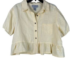 Upcycled Yellow Linen Women’s Button-Up Ruffle Shirt SZ L
